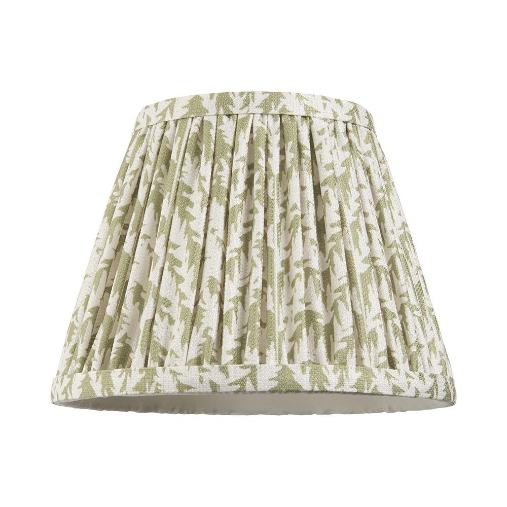 Endon Caldgrove 20cm tapered lamp shade in pleated faux linen with a herb garden green leaf print and taped edges, shown on a plain white background.