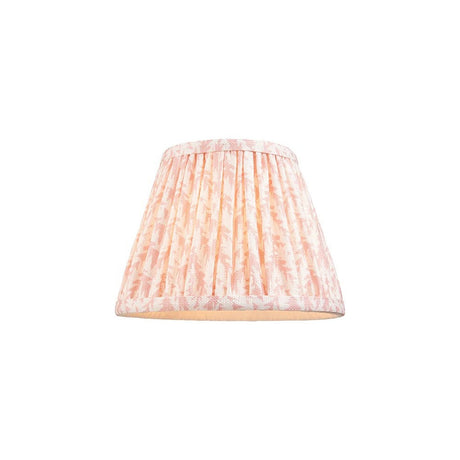 Endon Caldgrove 20cm tapered lamp shade in peachy keen, pleated faux linen with leaf print and taped edges, on a plain white background.