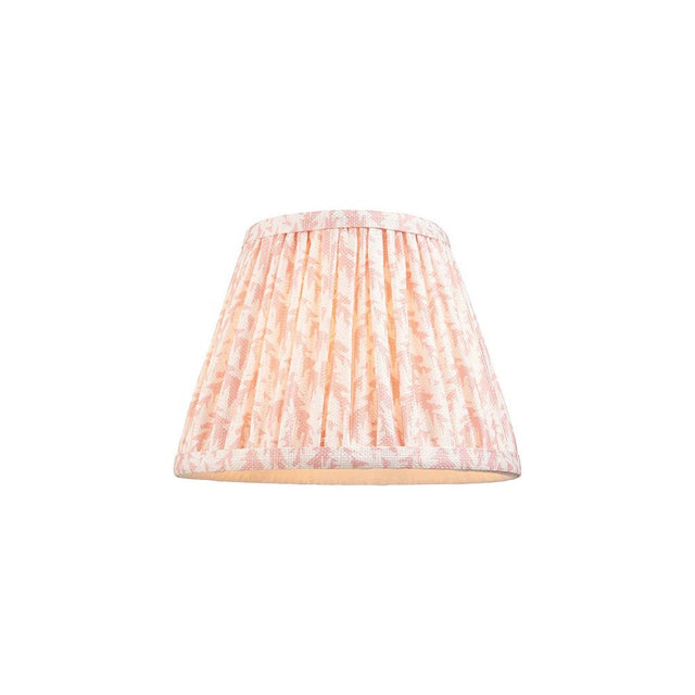 Endon Caldgrove 20cm tapered lamp shade in peachy keen, pleated faux linen with leaf print and taped edges, on a plain white background.