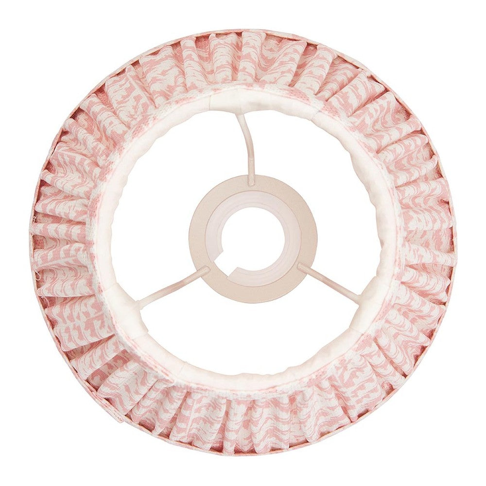 Endon Caldgrove 20cm tapered lamp shade in Peachy Keen, viewed from below showing the pleated pink leaf-print faux linen and fixed gimbal fitting.