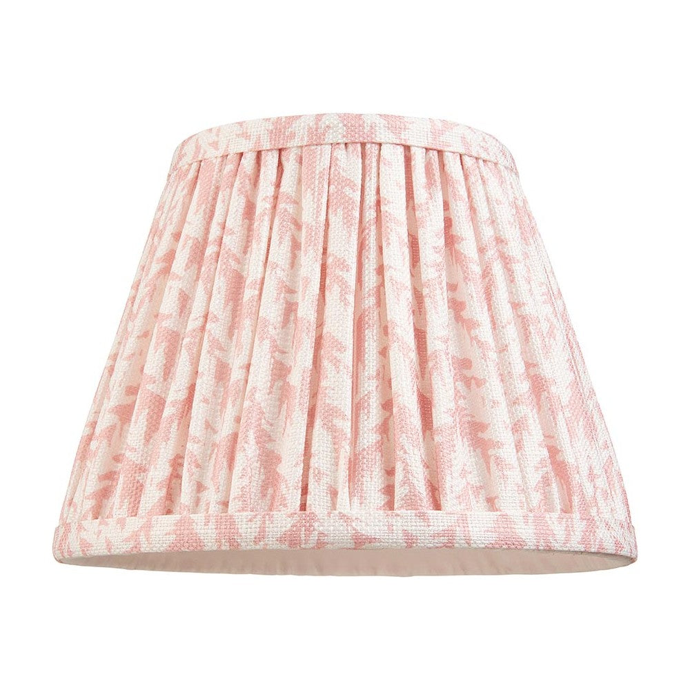 Endon Caldgrove 20cm tapered lamp shade in Peachy Keen, pleated faux linen with pink leaf print and taped edging, shown on a white background.
