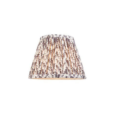 Endon Caldgrove 20cm tapered lamp shade in pearl grey pleated faux linen with a leaf print and taped edges, on a plain white background.