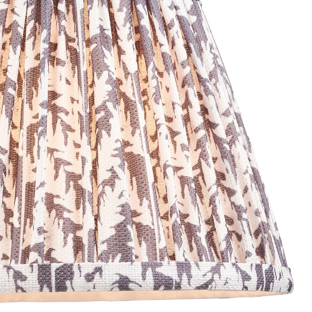 Endon Caldgrove 20cm tapered lamp shade in pearl grey, shown close-up with gathered pleats and a botanical leaf print on faux linen with taped edging.
