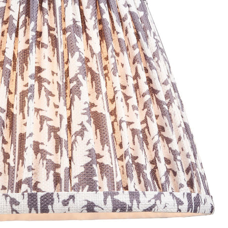 Endon Caldgrove 20cm tapered lamp shade in pearl grey, shown close-up with gathered pleats and a botanical leaf print on faux linen with taped edging.