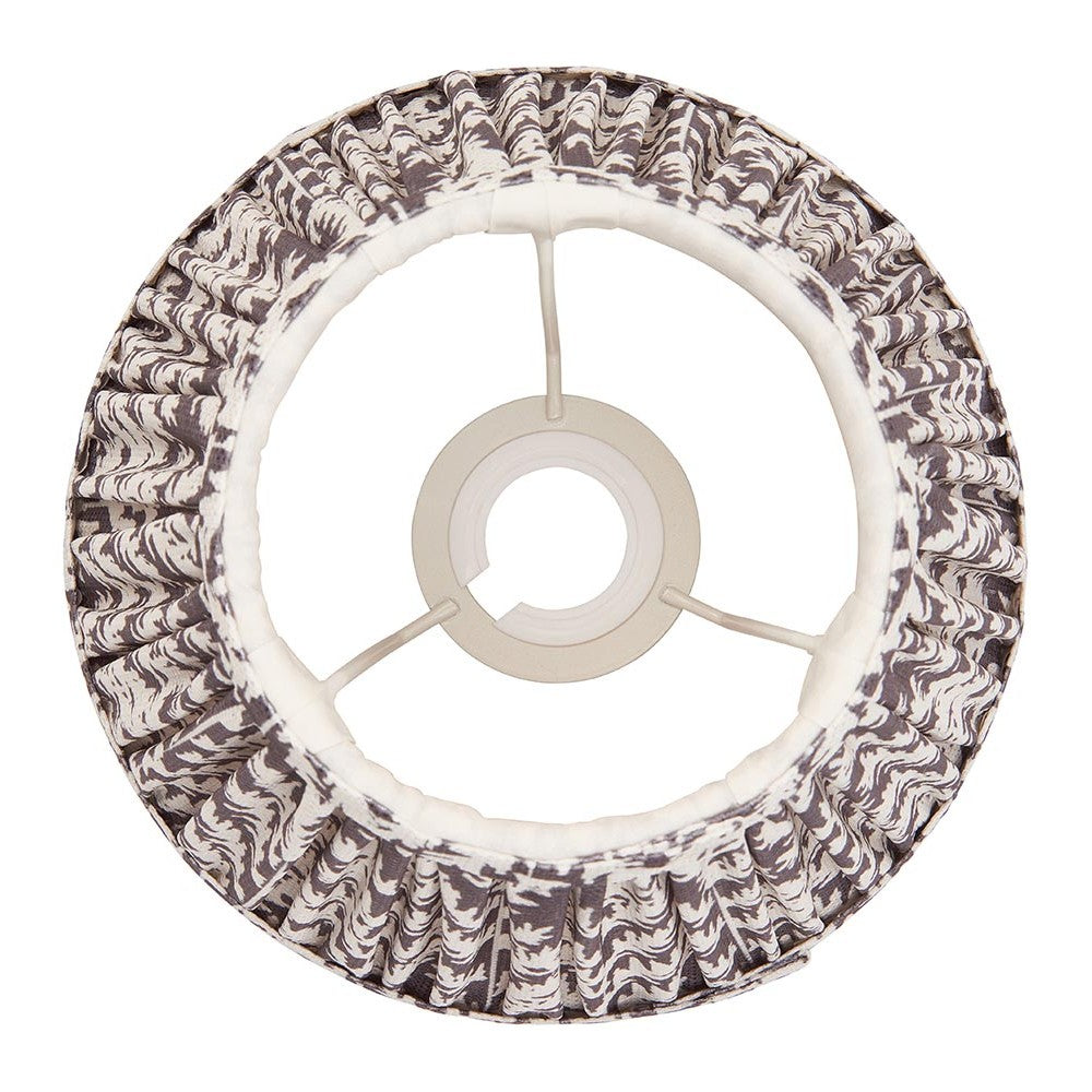 Endon Caldgrove 20cm tapered lamp shade in pearl grey pleated faux linen with leaf print, taped edges and fixed gimbal fitting, shown from below.