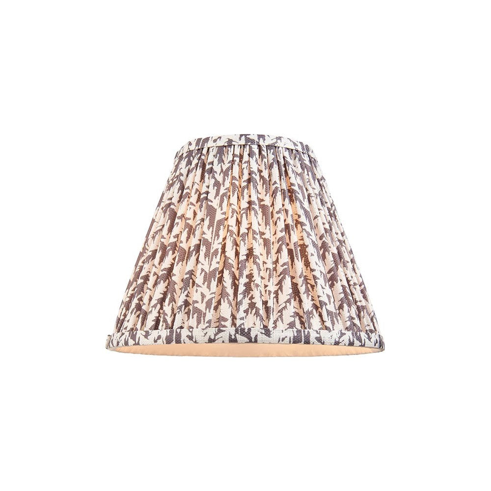 Endon Caldgrove 25cm tapered lamp shade in pearl grey faux linen with a pleated leaf print and taped edges, shown on a plain white background.