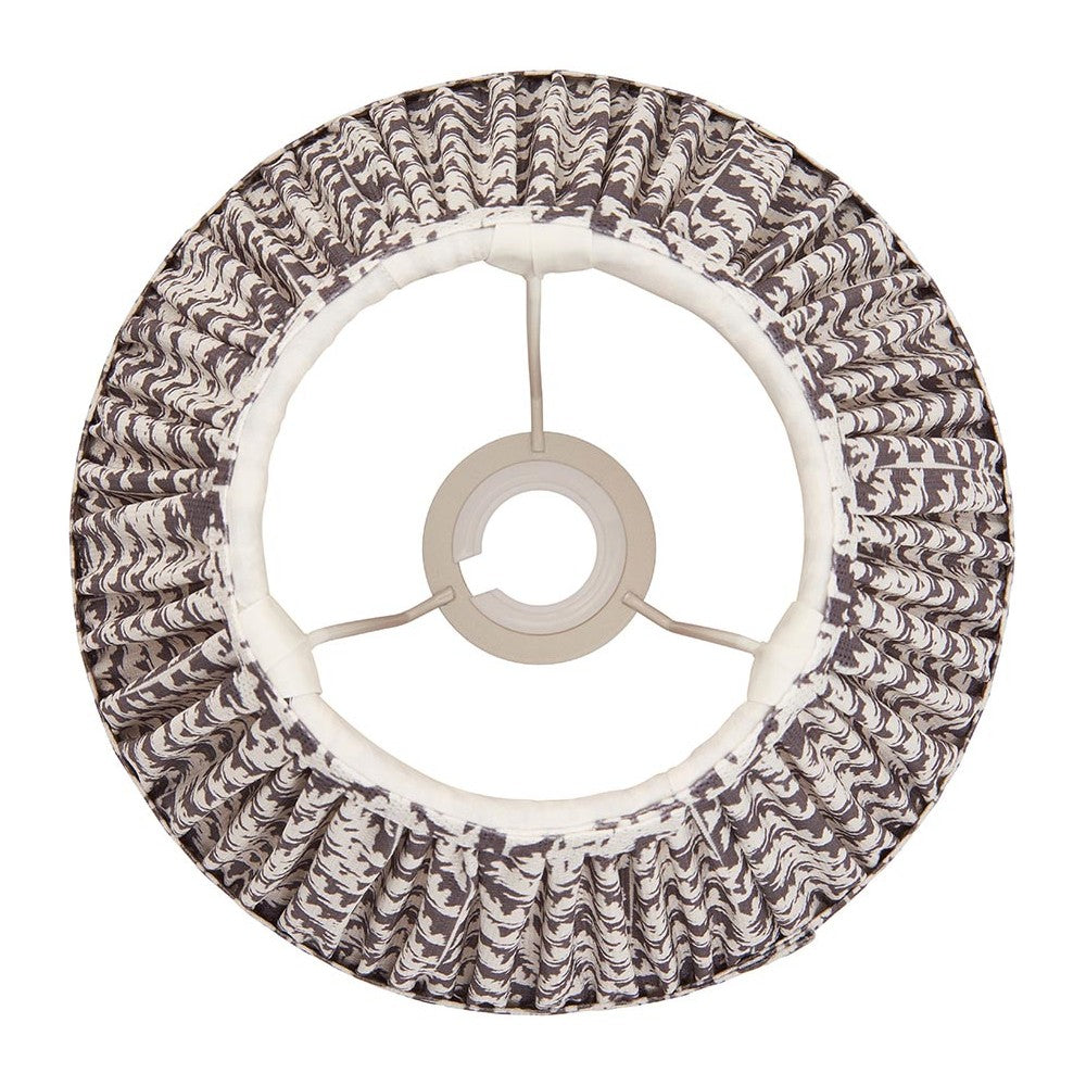 Endon Caldgrove 25cm tapered lamp shade in pearl grey pleated faux linen with leaf print, taped edges and fixed gimbal fitting, shown from above.
