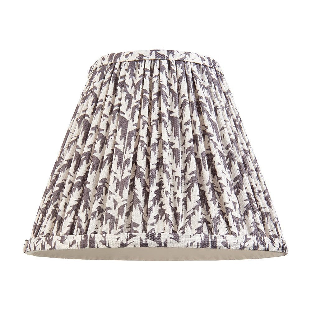 Endon Caldgrove 25cm tapered lamp shade in pearl grey pleated faux linen with a leaf print and taped edges, on a plain white background.
