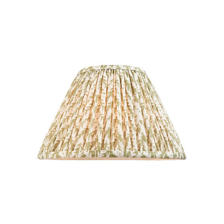 Endon Caldgrove 30cm tapered lamp shade in herb garden green, gathered pleated faux linen with a leaf print and taped edges, on a white background.