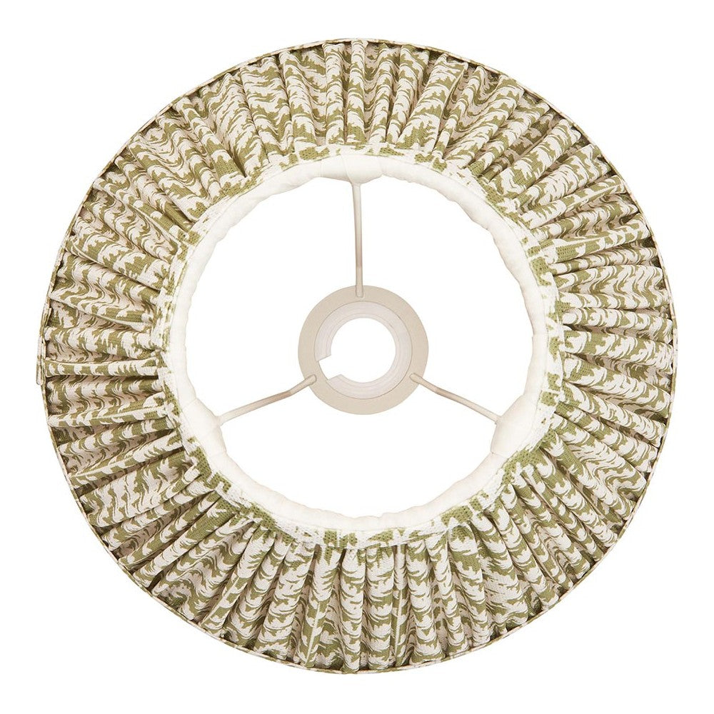 Endon Caldgrove 30cm tapered lamp shade in herb garden green with pleated leaf-print faux linen, taped edges and gimbal fitting, viewed from below.
