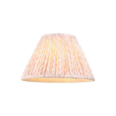 Endon Caldgrove 30cm tapered lamp shade in peachy pink faux linen with a pleated finish and subtle leaf print, shown on a plain white background.