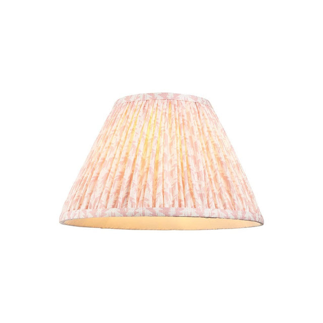 Endon Caldgrove 30cm tapered lamp shade in peachy pink faux linen with a pleated finish and subtle leaf print, shown on a plain white background.
