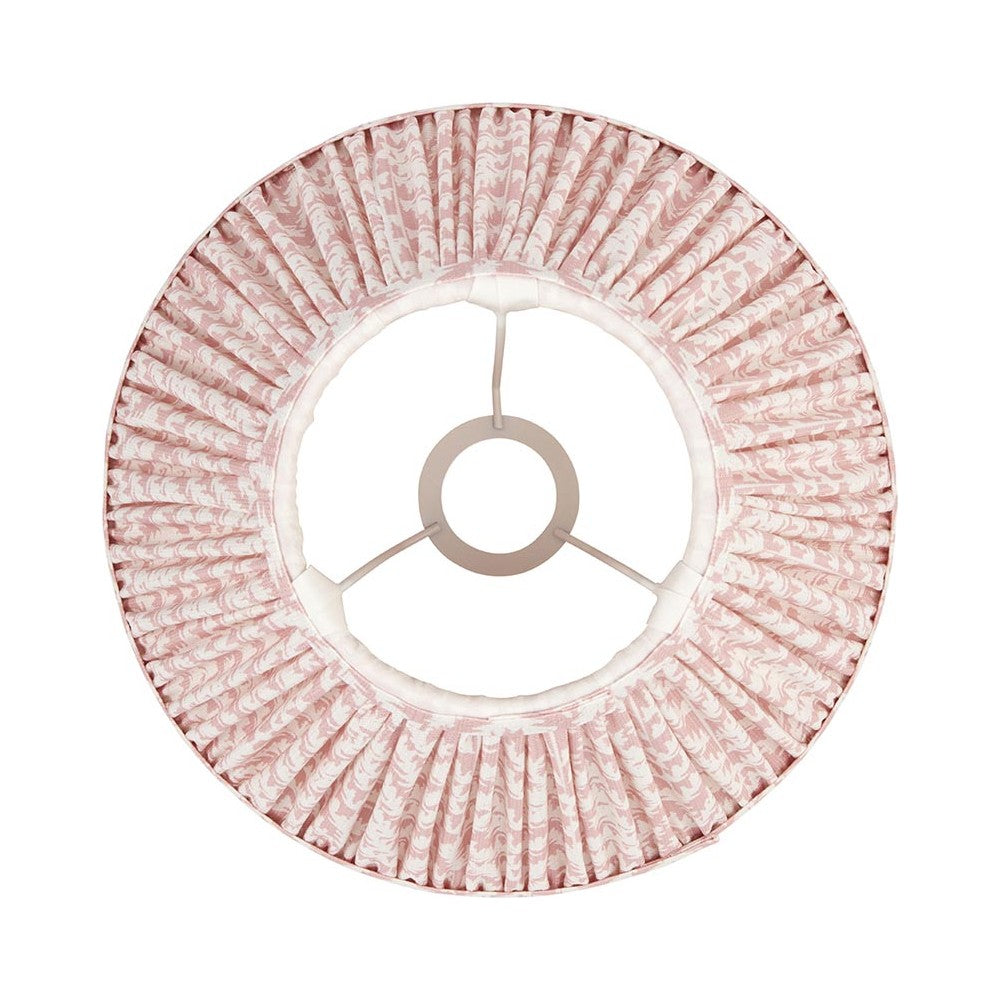 Endon Caldgrove 30cm tapered lamp shade in peachy keen, top view showing pleated faux linen with leaf print, taped edges and gimbal fitting.