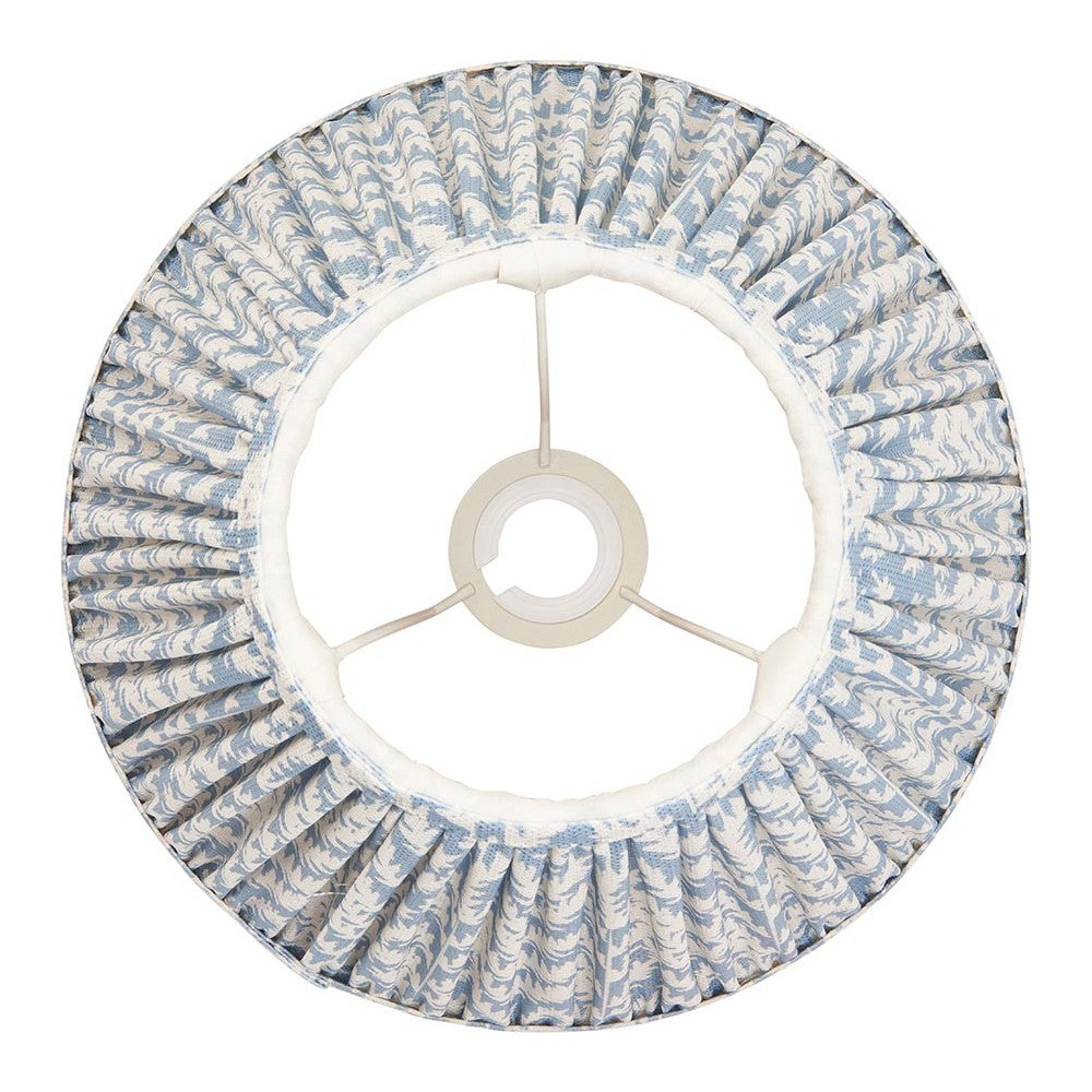 Endon Caldgrove 30cm tapered lamp shade in Shell Bay Blue, viewed from below showing the pleated faux linen leaf print, white inner lining and gimbal fitting.