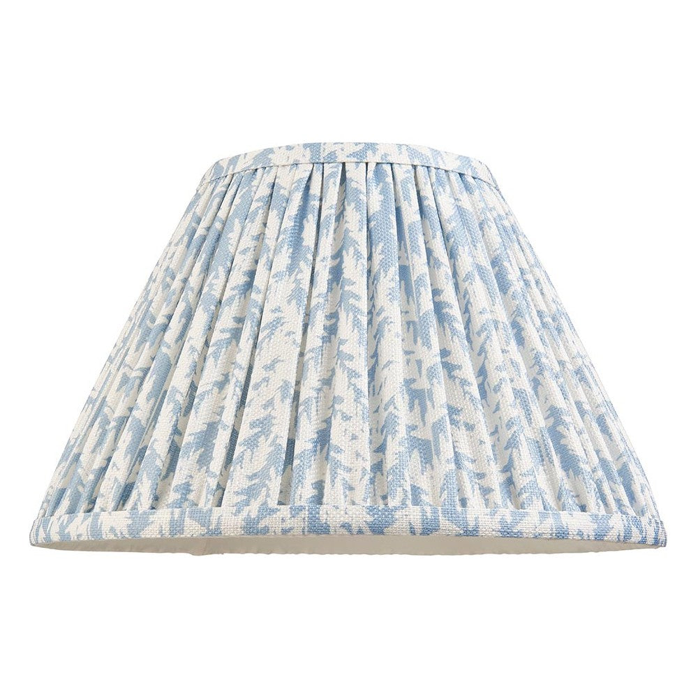 Endon Caldgrove 30cm tapered lamp shade in shell bay blue, with a pleated faux linen finish and subtle leaf print, shown on a plain white background.