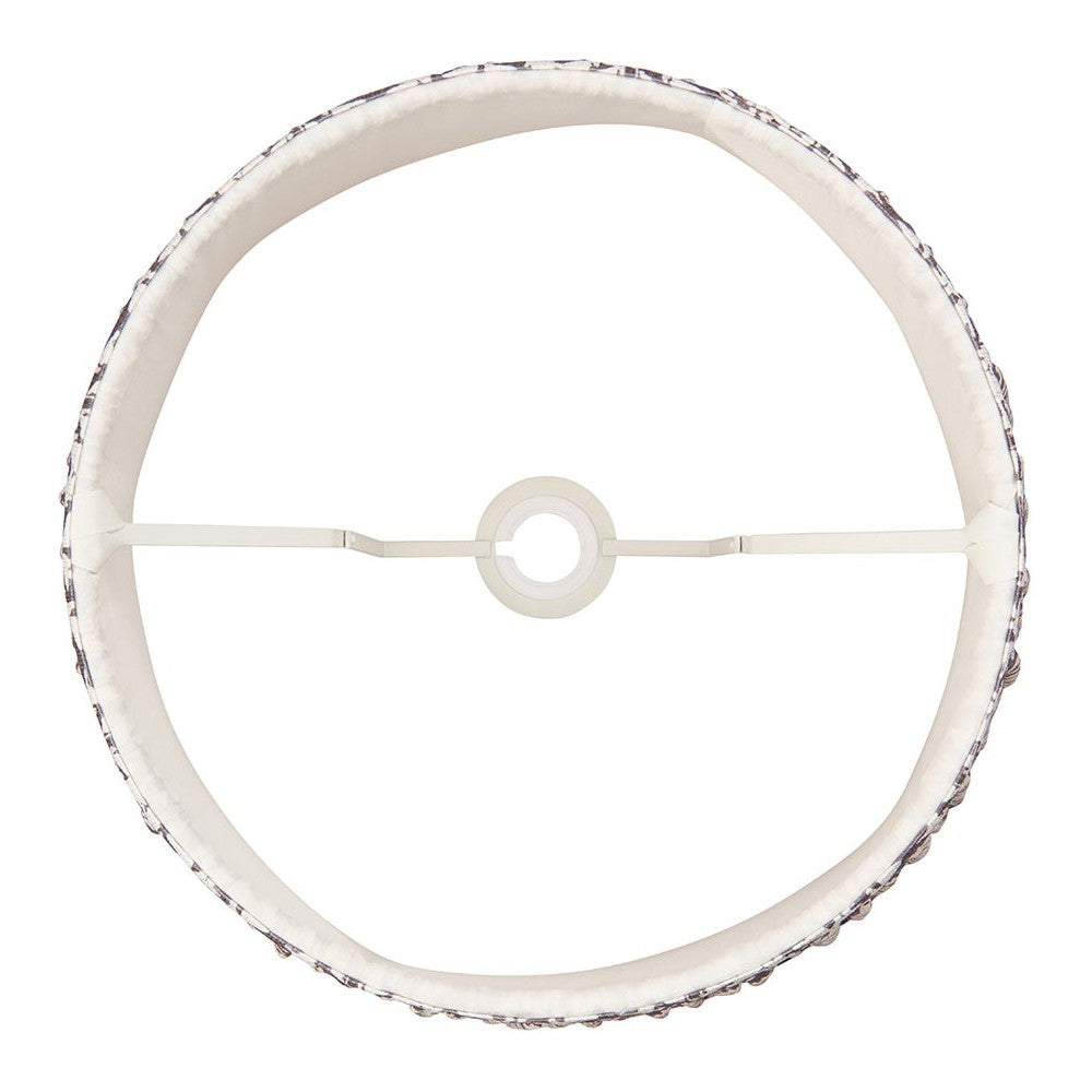 Endon Caldgrove 35cm tapered lamp shade in pearl grey, top-down view showing the reversible gimbal, white inner lining and taped edge on a white background.