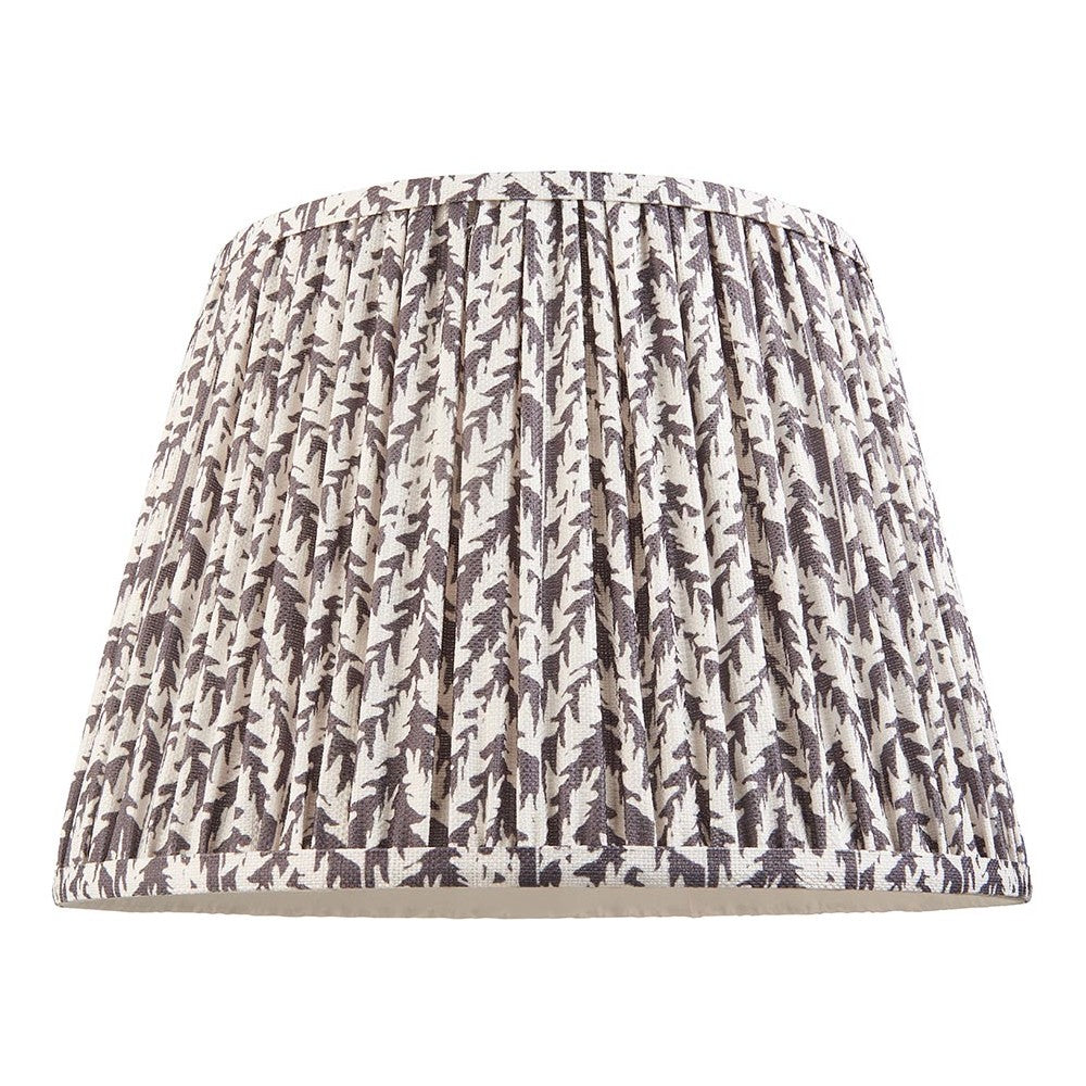 Endon Caldgrove 35cm tapered lamp shade in pearl grey pleated faux linen with a botanical leaf print and taped edging, on a plain white background.