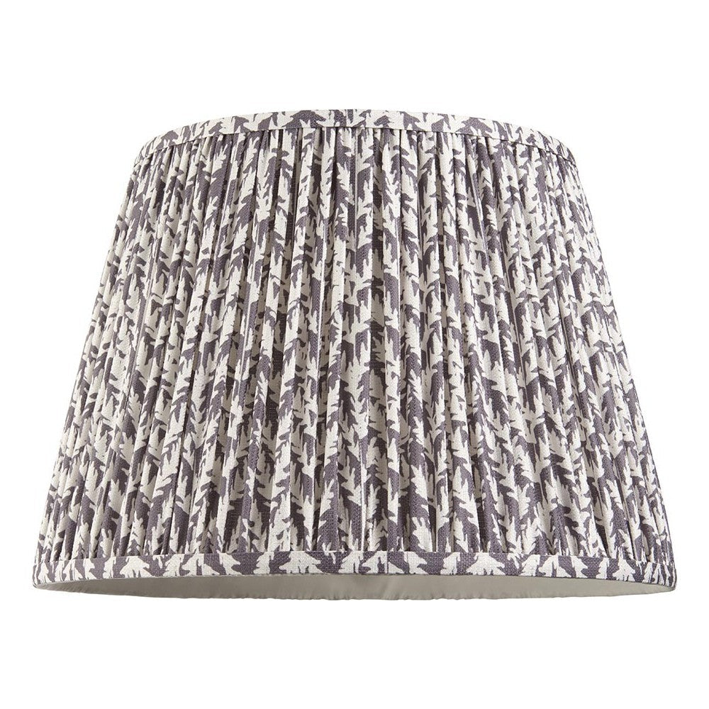 Endon Caldgrove 40cm tapered lamp shade in pearl grey pleated faux linen with a white leaf print and taped edges, on a plain white background.