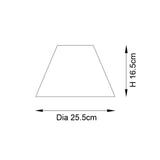 Line drawing of the Caldwood tapered lamp shade in natural raffia, showing dimensions of 25.5cm base diameter and 16.5cm height on a white background.