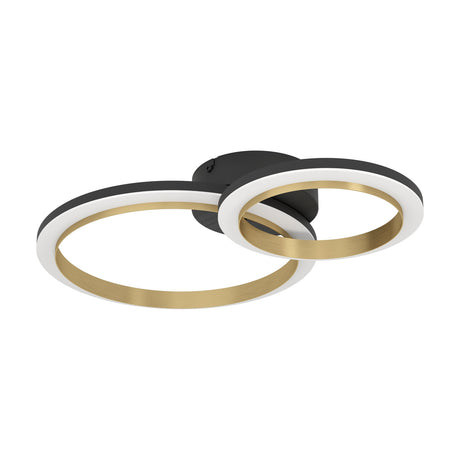 Calliera LED flush ceiling light with two overlapping black-and-brushed-brass rings, white diffuser, and round black canopy, shown against a plain white background.