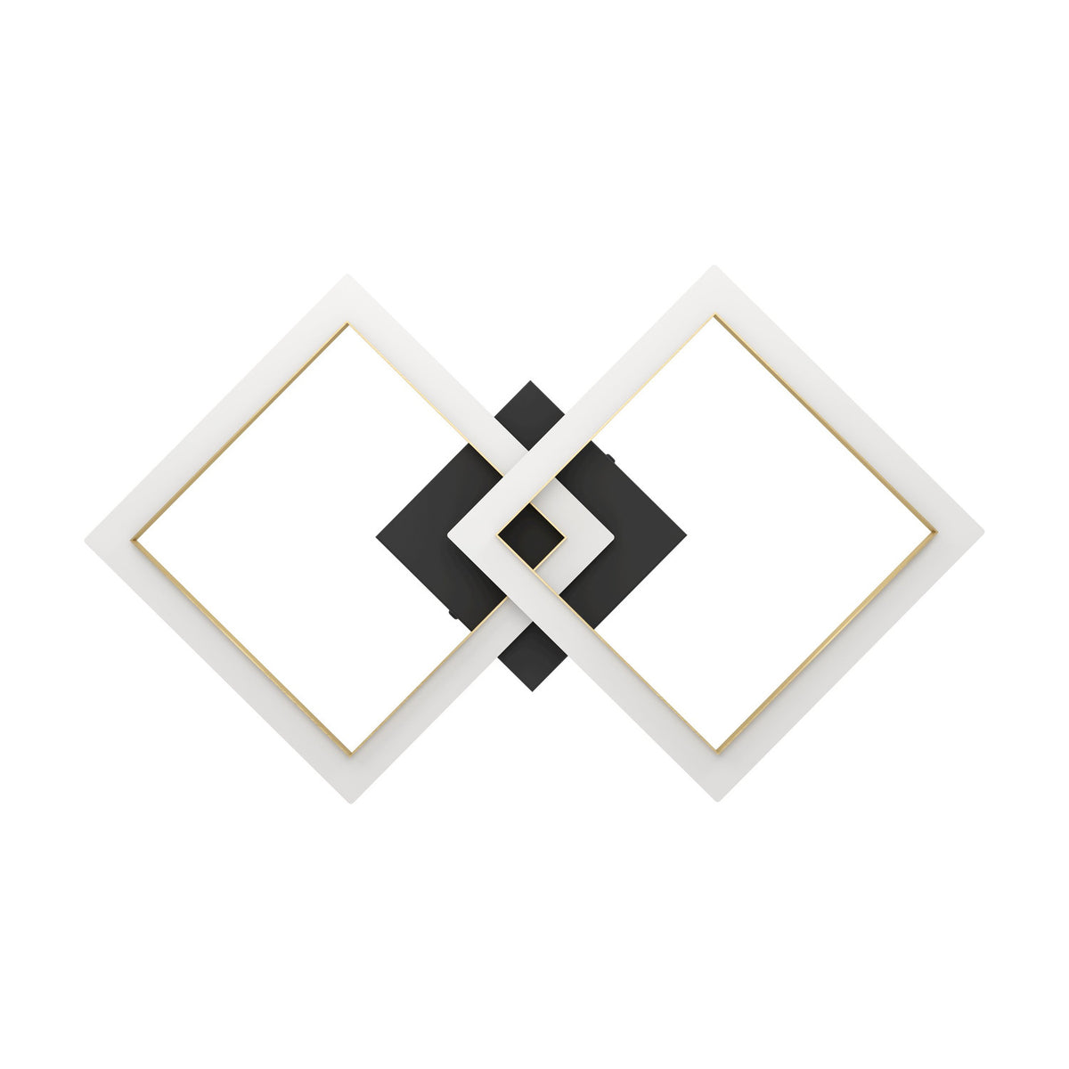 Calliera LED flush ceiling light with two overlapping square frames in black and brass, white diffusers, and a black centre base, shown on a plain white background.