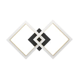 Calliera LED flush ceiling light with two overlapping square frames in black and brass, white diffusers, and a black centre base, shown on a plain white background.