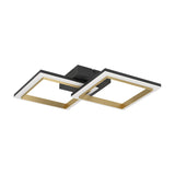 Calliera LED flush ceiling light with two overlapping square frames, black exterior and brass interior with white diffuser edging, mounted on a compact black base against a plain white background.