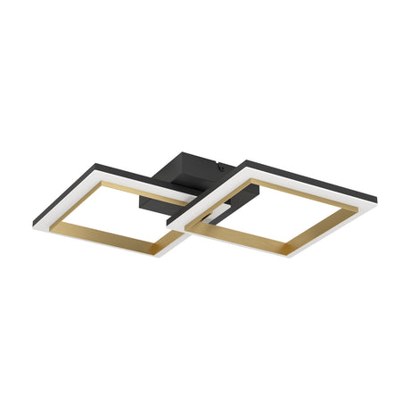 Calliera LED flush ceiling light with two overlapping square frames, black exterior and brass interior with white diffuser edging, mounted on a compact black base against a plain white background.
