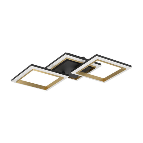 Calliera LED flush ceiling light with three linked square frames in black and brass finish, white diffuser panels, steel and plastic body, shown on a plain white background.
