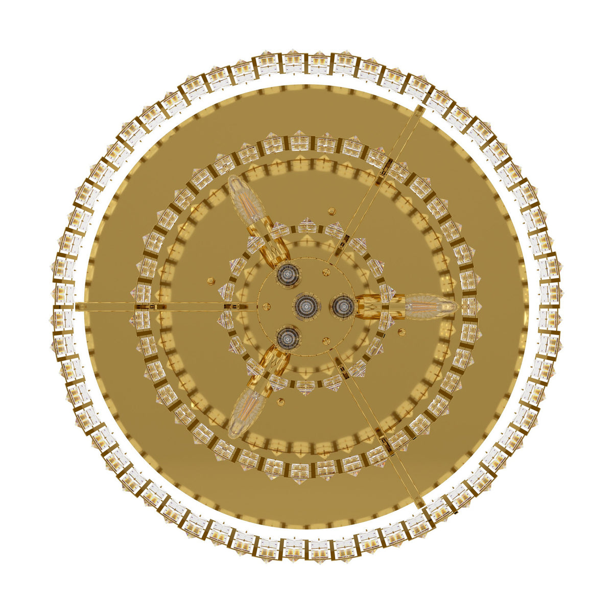 Top-down view of the Calmeilles 10 Light Ceiling Light in brass, showing concentric tiered rows of faceted glass drops in a round steel frame against a white background.