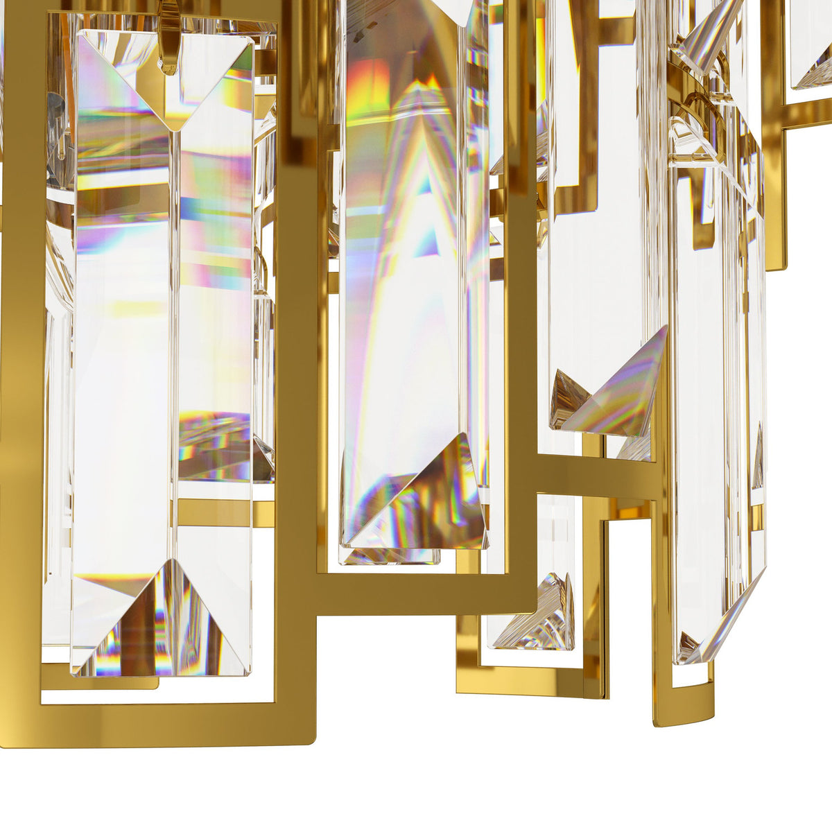 Close-up of the Calmeilles 10 Light Ceiling Light, showing rectangular faceted glass drops in slim brass frames with a geometric steel-and-brass structure, set against a white background.