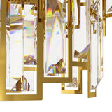 Close-up of the Calmeilles 10 Light Ceiling Light, showing rectangular faceted glass drops in slim brass frames with a geometric steel-and-brass structure, set against a white background.