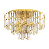 Calmeilles 10 Light Ceiling Light in brass, a round tiered flush fixture with cascading rows of faceted clear glass drops in slim brass frames, shown on a plain white background.