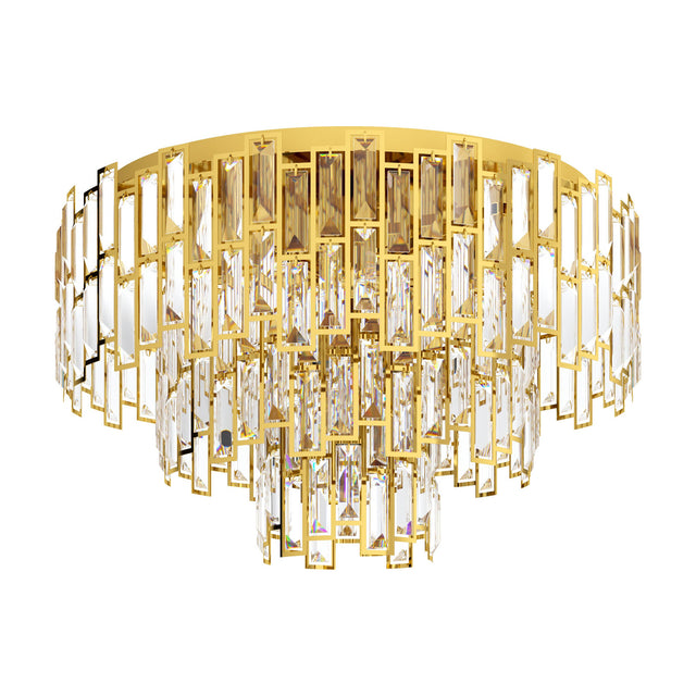 Calmeilles 10 Light Ceiling Light in brass, a round tiered flush fixture with cascading rows of faceted clear glass drops in slim brass frames, shown on a plain white background.