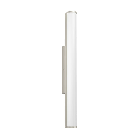 Calnova LED bathroom wall light, a slim vertical bar of frosted white glass with satin nickel end caps and narrow back plate, shown against a plain white background.