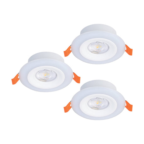 Set of three round recessed LED downlights in white plastic with a frosted outer ring, white inner bezel, and orange spring clips, shown on a plain white background.