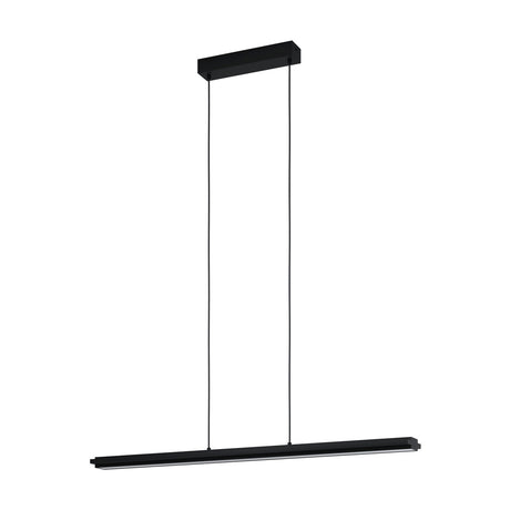 Cambulos Pendant Light in black steel, a slim LED bar with white diffuser strip suspended on two wires from a rectangular ceiling canopy, shown on a plain white background.