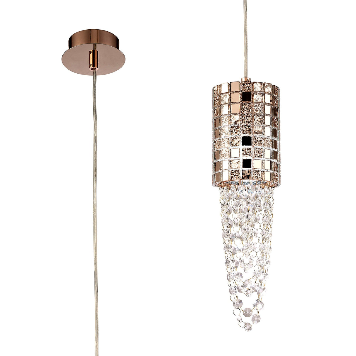 Camden 10cm 1 Light Mosaic Glass & Crystal Pendant Light - Rose Gold