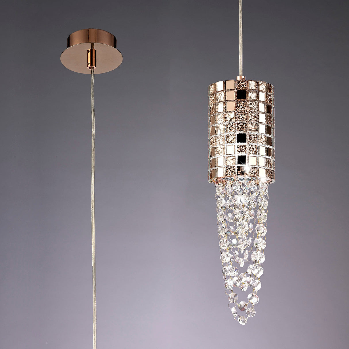 Camden 10cm 1 Light Mosaic Glass & Crystal Pendant Light - Rose Gold