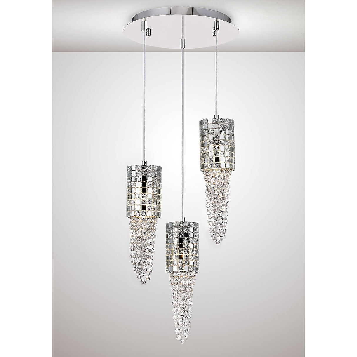 Camden 3 Light Mosaic Glass & Crystal Cluster Pendant Light -  Polished Chrome