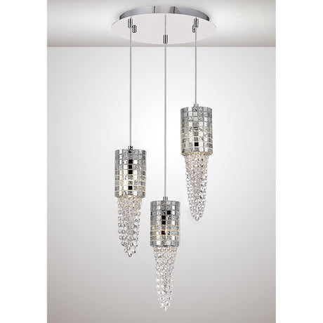 Camden 3 Light Mosaic Glass & Crystal Cluster Pendant Light -  Polished Chrome