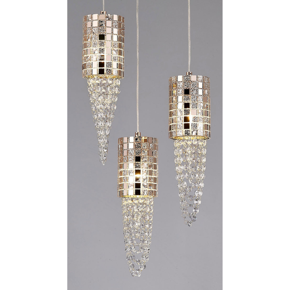 Camden 3 Light Mosaic Glass & Crystal Cluster Pendant Light - Rose Gold
