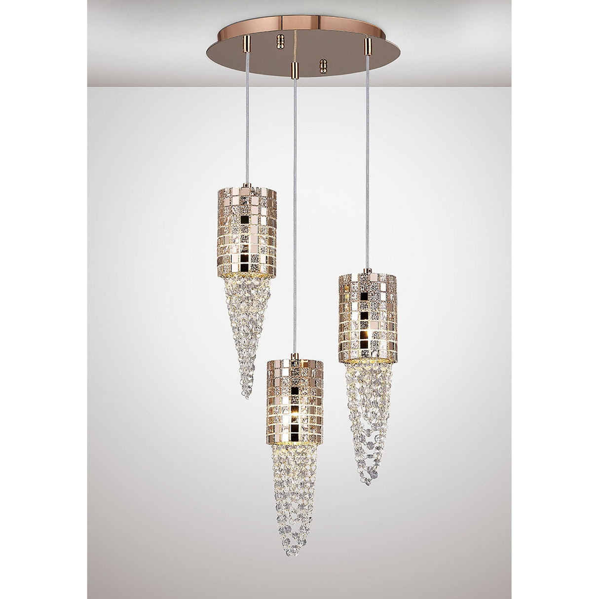 Camden 3 Light Mosaic Glass & Crystal Cluster Pendant Light - Rose Gold