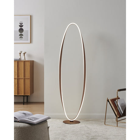 Camerota LED Floor Lamp in dark bronze, a tall oval loop fixture with illuminated inner edge, round disc base, shown in a living room beside a sideboard and seating.