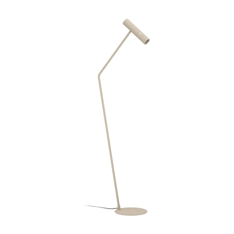 Caminia Floor Lamp in sand finish, slim angled steel stem with round disc base and fluted cylindrical head accented by brushed brass, on a plain white background.