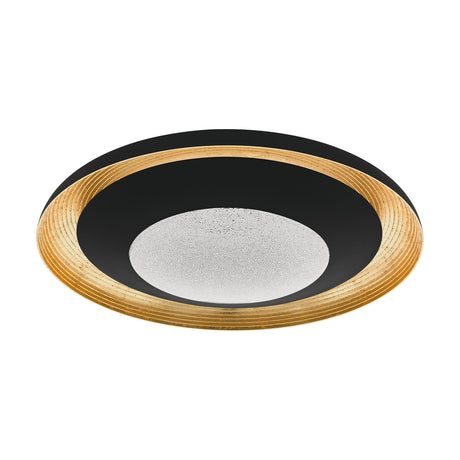 Canicosa 2 LED flush ceiling light in black and gold, round design with a ribbed gold-toned rim and a speckled white diffuser at the centre, shown on a plain white background.