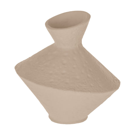 Cantilan Vase in cream aluminium with a tilted dual-cone body, narrow waist, flared neck, and round foot, shown on a plain white background.