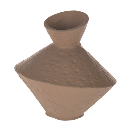 Cantilan Vase in Sand, a small aluminium vase with a tilted double-cone body, pitted textured surface, and a narrow flared neck, shown on a plain white background.