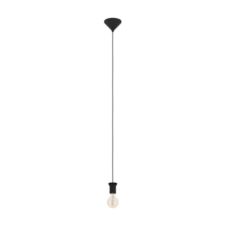 Capoliveri-E single-light pendant in black plastic and steel, with a cone ceiling canopy, long cord, and plain E27 lampholder holding an exposed globe bulb on a white background.