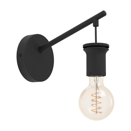 Capoliveri-E wall light in black steel, with a round wall plate, slim angled arm and open E27 lampholder suspending a globe bulb, shown on a plain white background.
